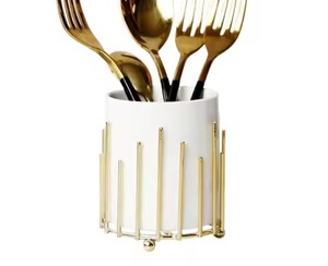 Hot Selling Ceramic Utensil Holder Cylindrical White with Gold Accents Minimalist <b>Kitchen</b> Storage Stand for Tableware <b>Caddy</b> - Product Image 1