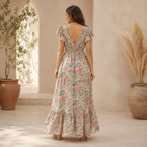 Bohemian Paisley Print Maxi Dress for Women | Flutter Sleeve Deep V Neck Smocked Waist Summer Beach Holiday Party Long Elegant - Product Image 2