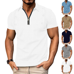 Modern Zipper Casual <b>Neck</b> <b>Polo</b> Gray Plaid Short Sleeve <b>Polo</b> Shirt Casual Zipper Button Collar <b>Top</b> - Product Image 2