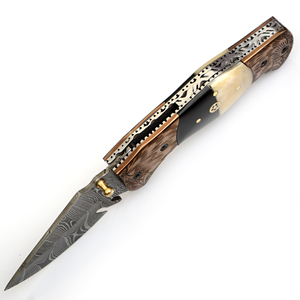 Couteau de survie pliant de camping Damas sur mesure de qualité supérieure 2026 avec manche en corne et os, couteaux pliants avec étui en cuir - Product Image 2