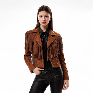 Chaqueta con flecos marrones para mujer, cuello vuelto, manga larga, estilo occidental, para otoño - Product Image 2
