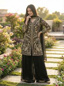 Designer Embroidery Sequence Work Party Wear Faux Georgette <b>Top</b> With Plazzo And Faux Georgette Dupatta Readymade Set - Product Image 1