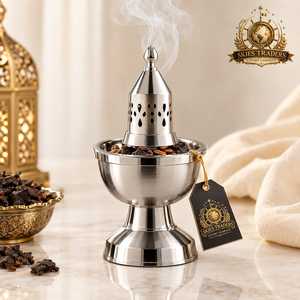 Brûleur d'encens en bois et acier inoxydable, porte-bakhoor arabe, encensoir à charbon d'oud, diffuseur d'arômes en bois sculpté et métal - Product Image 3