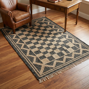Tapis en jute tissé à la main texturé, beige et noir, motif géométrique moderne, antidérapant, épais, avec franges, pour salon, chambre, maison - Product Image 5