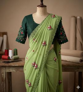 Star Georgette with beautiful flower Work <b>Saree</b> With Contrast Running <b>Blouse</b> - Product Image 2