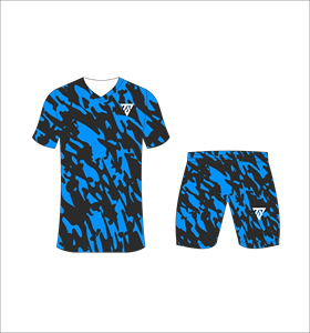 Custom sublimated soccer uniform set for men with black and bright blue camouflage print jersey and matching <b>shorts</b> - Product Image 2