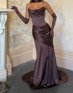 Vestido de noche elegante de satén plisado de color liso para mujer, con espalda descubierta, para exportación - Product Image 6