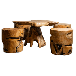 Ensemble de table en racine de teck rustique de luxe artisanal, tabourets en bois naturel, meubles de salon, villas, cafés, non pliable - Product Image 1