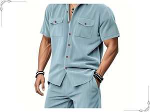 Men's Olive Green Striped <b>Short</b> Sleeve Shirt & <b>Shorts</b> Set Casual Breathable 100% Cotton Regular Fit Summer Outfit - Product Image 3