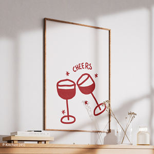 Toile d'art style scandinave pour cuisine moderne, bar à domicile, salle à manger, avec illustration de verres à vin rouge, typographie de 'Cheers' et illustration de 'Toast'. - Product Image 4