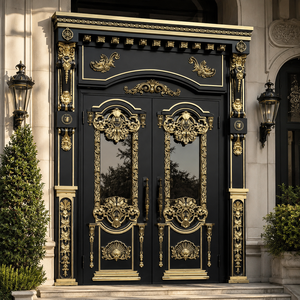 Porte d'entrée double de luxe noire et or ornée, style baroque, en métal et verre, pour villa, portail principal, entrée de manoir, design sécurisé, mobilier. - Product Image 2