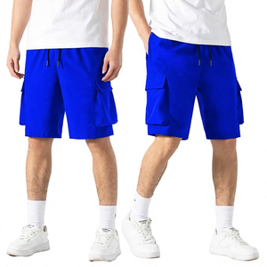 Shorts noirs pour hommes, couleur unie, taille mi-haute, cordon de serrage, shorts décontractés de style bermuda avec plusieurs poches, tissu Oxford respirant - Product Image 3