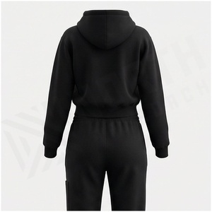 Women Black Hooded <b>Zipper</b> <b>Sweatshirt</b> Set 100% Cotton Midweight Casual Tracksuit Full Sleeve Solid Color Front Embossed Logo - Product Image 2