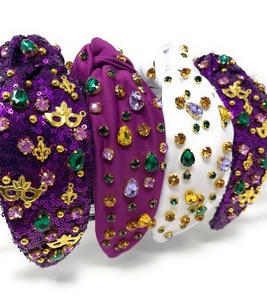 Embellishment Purple Sequin Mardi Gras <b>Headband</b> Fleur-de-Lis <b>Beaded</b> Knotted Hairband with Crystal & Sequin Comfortable <b>Headbands</b> - Product Image 4