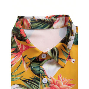 Chemise boutonnée à manches courtes pour hommes, motif floral tropical jaune, short assorti, ensemble 2 pièces, tenue de plage hawaïenne décontractée - Product Image 5