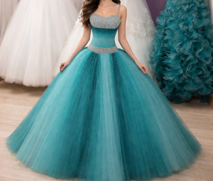 Sparkly Spaghetti Strap Sweetheart Bodycon Floor-Length Anti-static Luxury Teal Crochet Lace Formal Gown <b>Sequined</b> Decoration - Product Image 3
