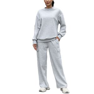 Conjunto Deportivo Informal de Invierno para Mujer, Sudadera de Cuello Redondo, Pantalones Deportivos Anchos Tipo Cargo, 100% Algodón, para Viajes y Uso en el Aeropuerto - Product Image 1