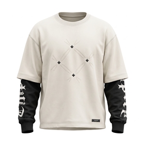 Men's Oversized Crew Neck <b>Long</b> <b>Sleeve</b> <b>T</b> <b>Shirt</b> Beige <b>Black</b> Layered Embroidered Geometric Street Style Top ODM OEM Available - Product Image 1