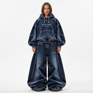 <b>Womens</b> Dark Blue Washed Denim Hoodie And <b>Baggy</b> Wide Leg <b>Jeans</b> Set Oversized Drawstring Sweatshirt Casual Streetwear Custom - Product Image 1