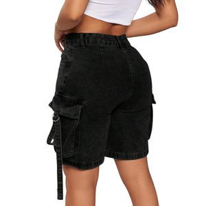 Shorts cargo en jean noir pour femme, coupe droite, avec poches utilitaires, style streetwear décontracté, respirant, séchage rapide, en coton et denim, pour l'été - Product Image 2