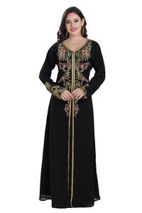 Az Creation Abaya Kaftan Maxi Robe en Soie Noire Brodé à Manches Longues Col en V Motif Floral Bleu Marine pour Soirée - Product Image 1