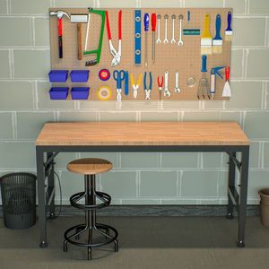 Banco da Lavoro Robusto da 60 Pollici con Piano in Legno di Gomma, Prese Elettriche, Altezza Regolabile, Capacità 2000 Libbre, Postazione di Lavoro in Legno Duro, Nuovo/Usato - Product Image 3