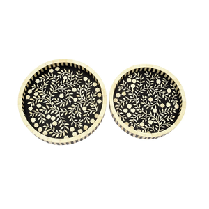 Plateau de service géométrique rond en os incrusté, lot de 2, avec poignées en laiton, design Art Déco, compatible micro-ondes, motif fruits/fleurs - Product Image 6