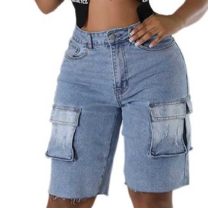 Shorts de Mezclilla Cargo de Cintura Alta para Mujer, Estilo Casual de Verano, Desgastados, con Dobladillo Deshilachado, Estilo Utilitario, Azules, Impermeables, Resistentes al Viento, de Secado Rápido - Product Image 3