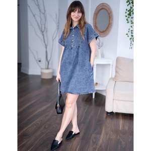 2025 Summer <b>Women's</b> Denim Dress Short Sleeve Button Collared Pleated Western <b>Jean</b> Dresses Pockets Relaxed Fit Simple <b>Light</b> - Product Image 3
