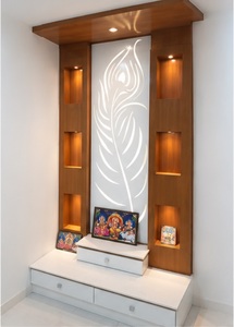 Modern <b>Mandir</b> in Peacock Feather Design Wooden Pooja Cabinet With Storage Drawers Teak Wood Pooja Ghar For Prayer Room Australia - Product Image 2