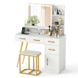 White <b>Makeup</b> Vanity Desk with LED Lighted 27\" X 20\" <b>Mirror</b> Charging Station Stool 8 Storage Spaces - Product Image 2