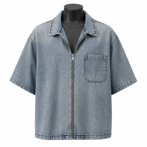 Camisa de Trabajo Casual de Manga Corta con Cierre Completo, de Mezclilla Azul Claro, Personalizada para Hombre, Primavera, Fabricante de Marca Privada ODM - Product Image 1