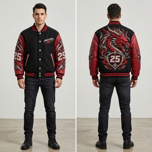 Blouson Bomber Homme Personnalisé avec Motif Dragon, Manches en Cuir Noir et Rouge, Style Racing Streetwear, Veste Tendance ONEAPEX, Manteau d'Extérieur - Product Image 2