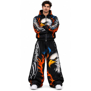 Ensemble de survêtement bleu à imprimé intégral style unique, sweat à capuche zippé coupe ample streetwear et pantalon avec motif croisé - Product Image 4