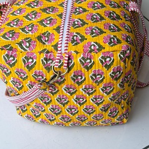 <b>Yellow</b> Corduroy Weekender Duffle <b>Bag</b> With Pink Floral Pattern Zipper Closure Large Capacity Travel Tote - Product Image 4