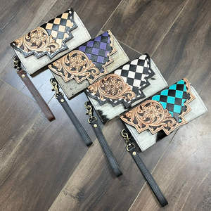 New Style Large-Capacity Hand Tooled Checkered Leather Wristlet <b>Clutch</b> Simple Elegant Genuine Cowhide Leather Wallet for Women's - Product Image 4