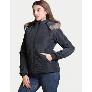 Chaqueta Acolchada para Mujer con Capucha con Ribete de Piel, Cierre de Cremallera, Abrigo de Invierno, Manga Larga, Largo Regular, Color Sólido, Relleno de Poliéster - Product Image 5