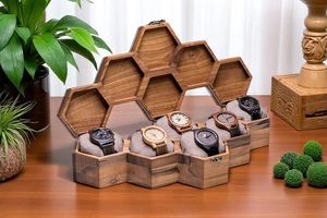 Handmade Hexagon Wooden Watch & Jewelry <b>Display</b> <b>Case</b> with Glass Lid 4-Slot Storage for Watches - Product Image 2