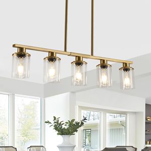 Lampadario Moderno Industriale a 5 Luci da 37 Pollici con Paralumi in Vetro Trasparente e Struttura in Metallo Dorato, Lampada a Sospensione per Sala da Pranzo - Product Image 1