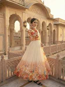 <b>women</b> floral georgette floor length gown with pant and digital printed taby silk dupatta <b>vintage</b> woven denim look ethnic <b>dress</b> - Product Image 4