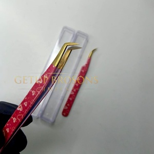 Pince à épiler GETUP BROSONS IMPEX en acier inoxydable à pointe lisse courbée/90 degrés pour extensions de cils, avec poignée diamantée et pointe argentée en forme de cœur - Product Image 2