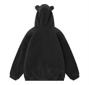 Veste à capuche en polaire noire avec oreilles d'ours et appliques étoiles jaunes, manteau d'hiver décontracté pour femme - Product Image 2