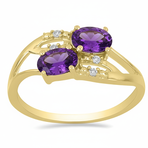 Anillo de compromiso clásico de dos piedras con amatista natural y diamante cultivado en laboratorio, estilo envolvente, de oro amarillo de 14k para mujer - Product Image 2