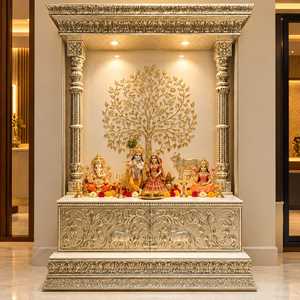 Handmade <b>Marble</b> Pooja Mandir 56 Ft Premium Hindu Temple Home Shrine Intricate Carved Pillars Gold Antique Finish <b>Tree</b> Wall - Product Image 2