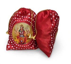Bolsa de Satén Roja con Cordón y Estampado de la Diosa Durga, Ideal para Regalos Religiosos, Celebraciones Festivas, Artículos de Puja y Regalos - Product Image 1