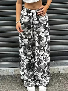 Pantalon en satin camouflage pour femme, taille haute, cordon de serrage, coupe ample, longueur intégrale, décontracté, pour le printemps, motif imprimé avec poches - Product Image 4