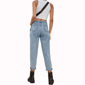 Jean délavé bleu pour femme, taille haute, coupe ajustée, en denim de coton, longueur cheville, ourlet retroussé, doux et décontracté - Product Image 2