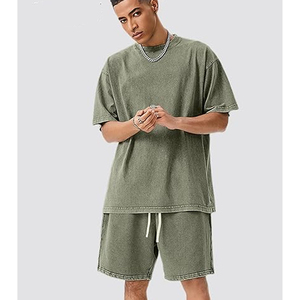 Ensemble T-shirt et short en tissu éponge absorbant la transpiration, délavé à l'acide, avec logo personnalisé, style vintage, DTG, pour homme, coupe ample, 100% coton, poids lourd - Product Image 2