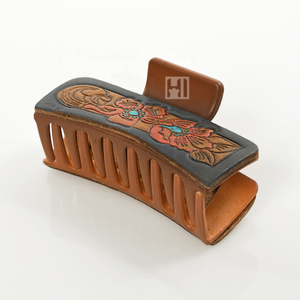 Western Fashion Claw <b>Clip</b> with Genuine Cowhide <b>Tooled</b> Leather Patch Hair Accessories Cowgirl Fashion Large Hair Pin Wholesaler - Product Image 2