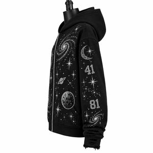 Sudadera con Capucha Negra Unisex con Cierre, Diseño de Galaxia Espacial con Brillantina y Pedrería, Estilo Casual Oversize para Otoño - Product Image 5
